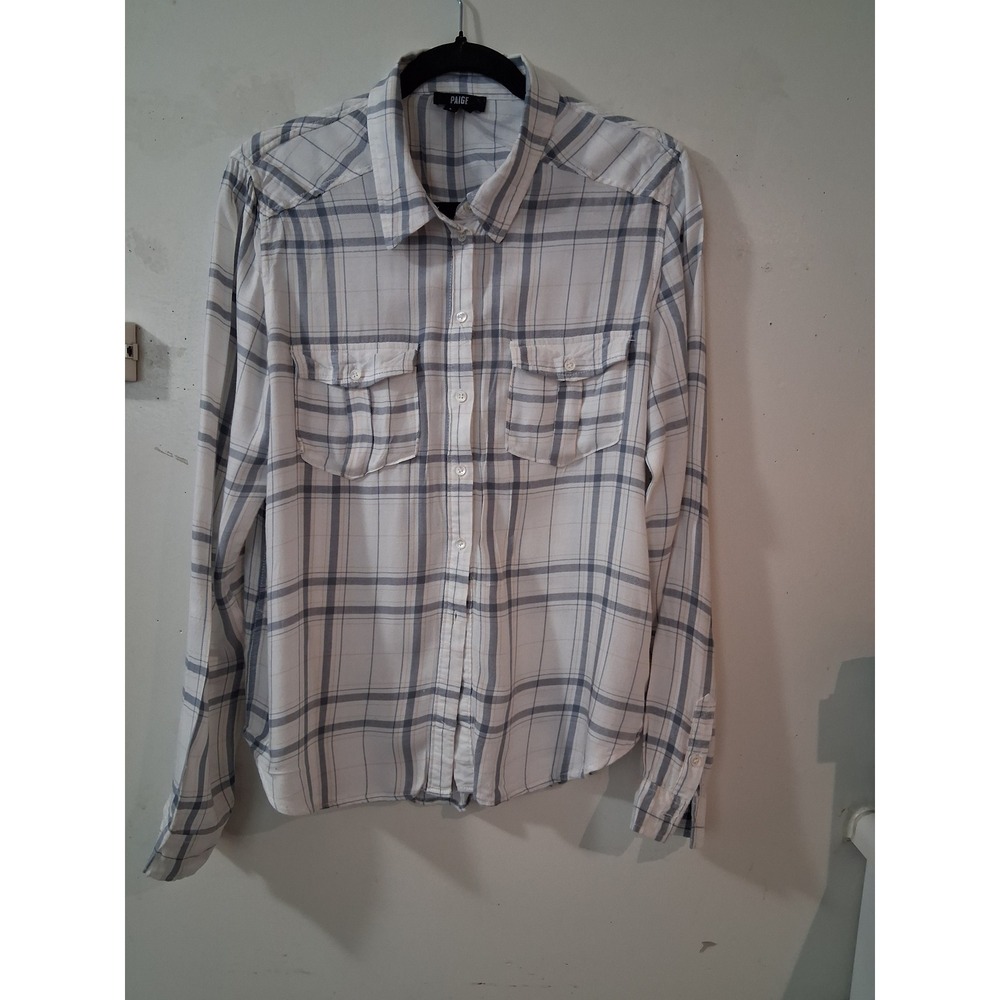 Paige Womens Plaid Button Down Shirt White Grey Tan Long Sleeve Size L